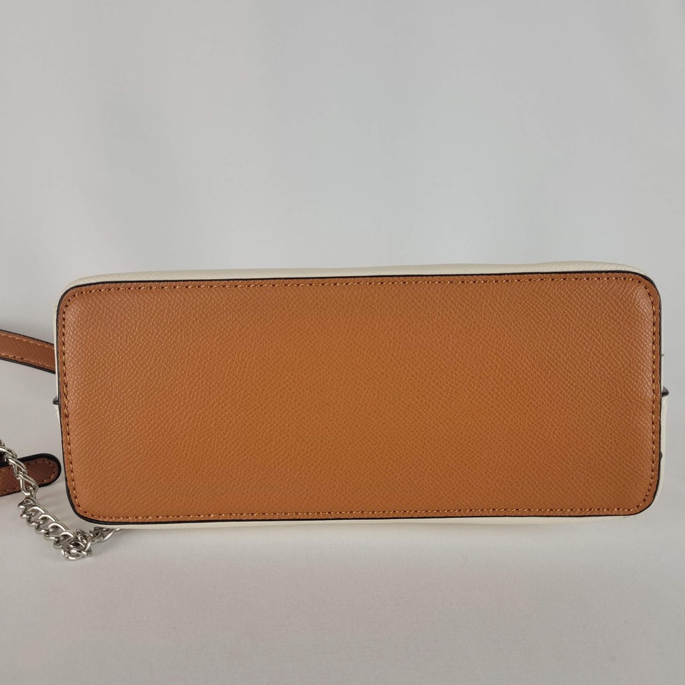 Cluci Cream & Tan Saffiano Faux Leather Dome Crossbody Bag Silver Chain Strap - Picture 5 of 9